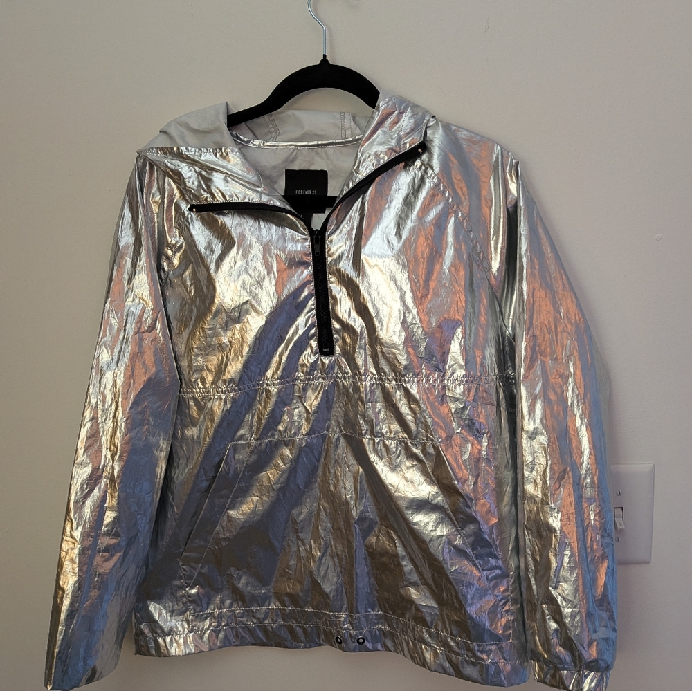 Silver Metallic Quarter zip Windbreaker Jacket